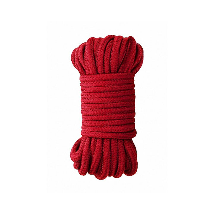 Coiled vibrant red silky Japanese rope measuring 10 meters, ideal for comfortable and versatile rope play.