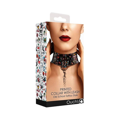 Packaging of Ouch! Old School Tattoo printed collar and leash featuring a model wearing the tattoo-style collar with attached leash.