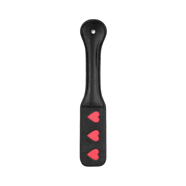 Black leather paddle with three red heart cutouts and stitched detailing, designed for playful impact.