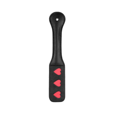 Black leather paddle with three red heart cutouts and stitched detailing, designed for playful impact.