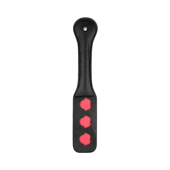 Black leather paddle with three red lips cutouts and stitched detailing, designed for playful impact.