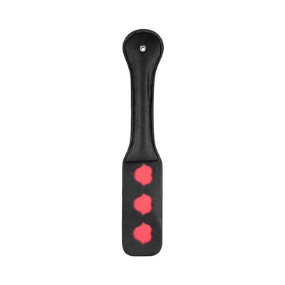 Black leather paddle with three red lips cutouts and stitched detailing, designed for playful impact.