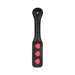 Black leather paddle with three red lips cutouts and stitched detailing, designed for playful impact.