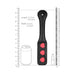 Black leather paddle with three red lips design, measuring 31.5 cm long and 5.5 cm wide, shown with size comparison.