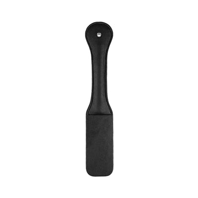 Black leather paddle with stitched edges and a handle hole for hanging or grip.