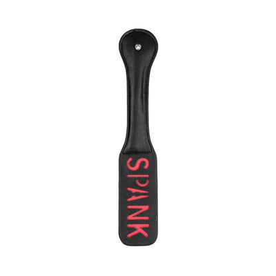 Black leather paddle with red stitched "SPANK" lettering and a rounded handle with a hanging hole.