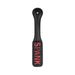 Black leather paddle with red stitched "SPANK" lettering and a rounded handle with a hanging hole.