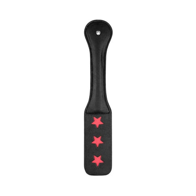 Black leather paddle with three red star cutouts and stitched edges, designed for playful impact.