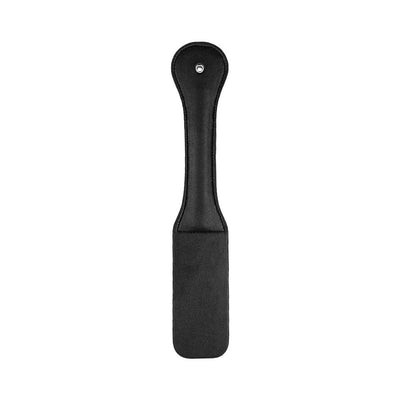 Black leather paddle with a star-shaped imprint design and stitched edges for playful impact.