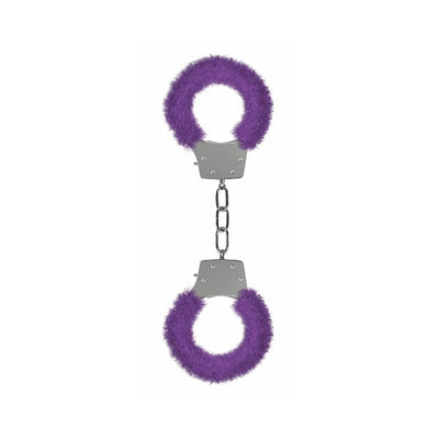 Metal handcuffs with soft purple faux fur lining and a short connecting chain for comfortable restraint play.