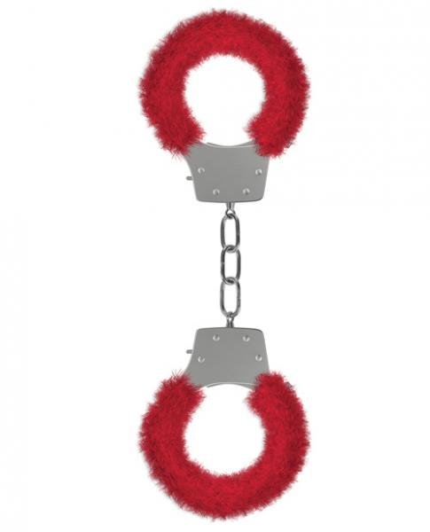Silver metal handcuffs with soft red furry lining and a short connecting chain for comfortable restraint play.