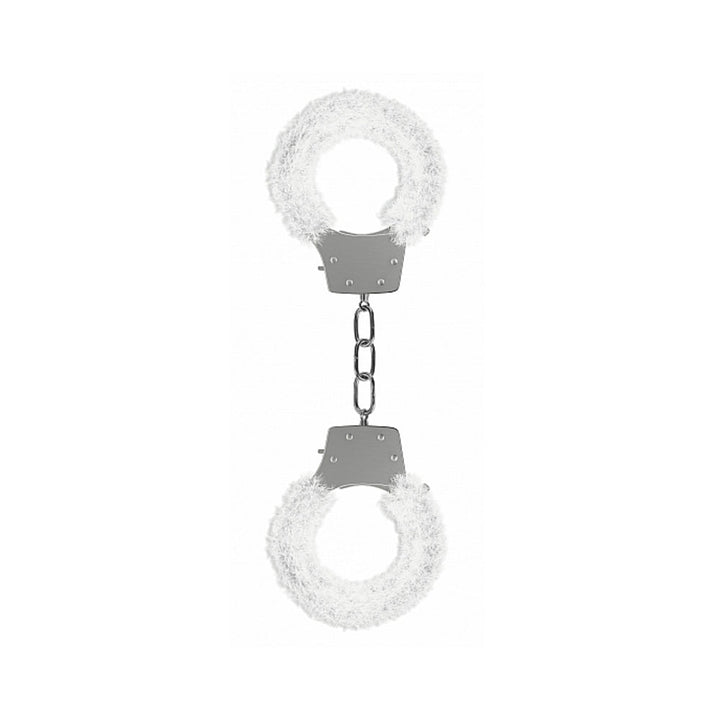 Metal handcuffs lined with soft white faux fur for comfortable, playful restraint.