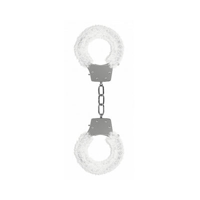 Metal handcuffs lined with soft white faux fur for comfortable, playful restraint.