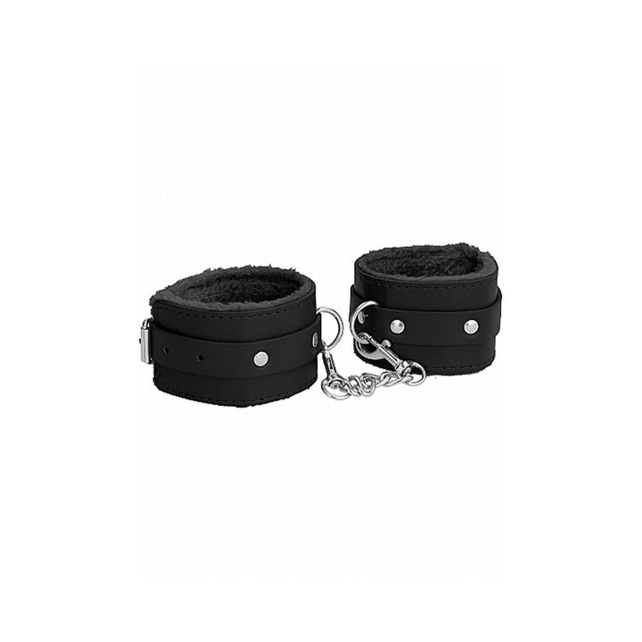 Black plush leather wrist cuffs with soft lining and metal chain connector for adjustable, comfortable restraint play.
