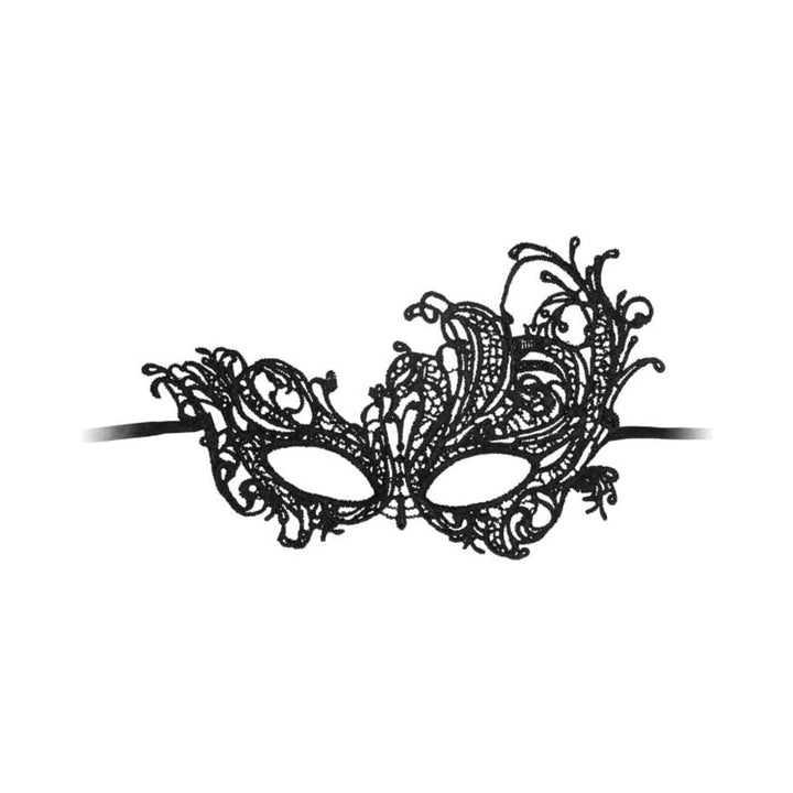 Black lace Venetian-inspired eye mask with intricate floral and swirl patterns and ribbon ties for secure fit.