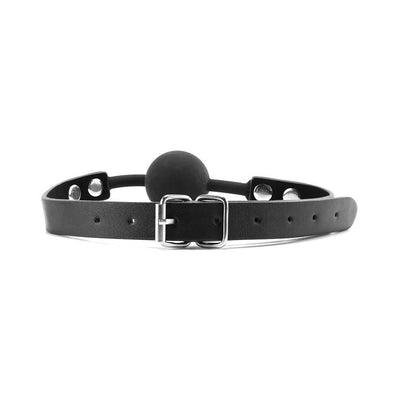 Black silicone ball gag with adjustable bonded leather strap and silver buckle, designed for secure and comfortable fit.