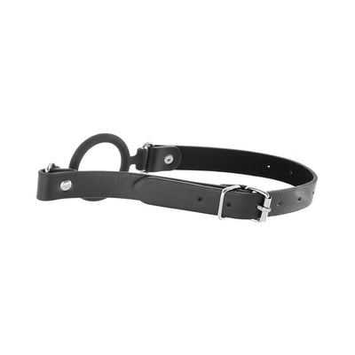 Black silicone ring gag with adjustable leather straps and metal buckle on white background.