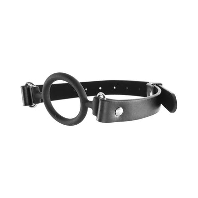 Black silicone ring gag with adjustable leather straps and metal buckle on white background.