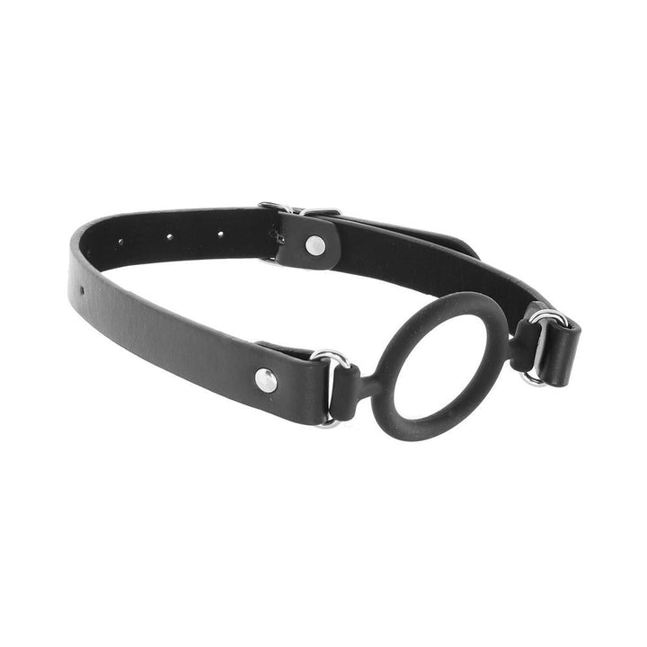 Black silicone ring gag with adjustable leather straps and metal hardware on white background.