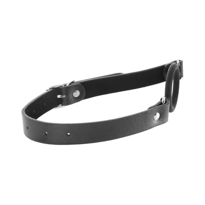 Black silicone ring gag with adjustable leather straps and metal buckle on white background.