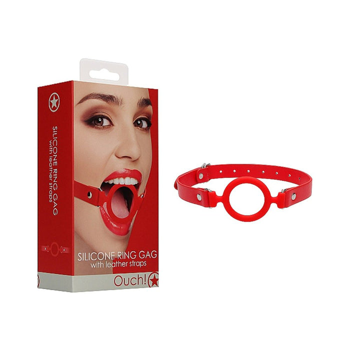 Ouch Silicone Ring Gag With Leather Straps - Red | SexToy.com