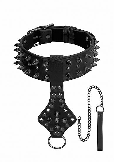 Ouch! Skulls & Bones Neck Chain With Spikes And Leash Black | SexToy.com