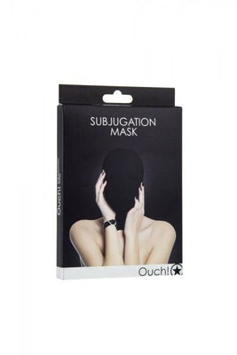 Packaging of Ouch Subjugation Mask featuring a model wearing a black full-head spandex hood with hands near the face.
