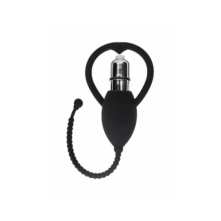 Black silicone urethral sounding plug with vibrating bullet and flexible retrieval ring.