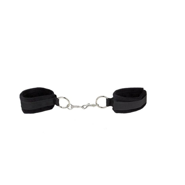 Black furry velcro cuffs connected by a metal clasp, designed for adjustable wrist or ankle wear.