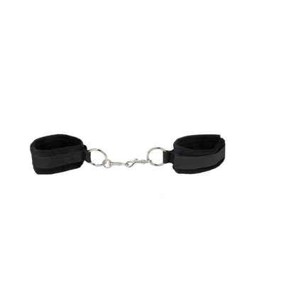 Black furry velcro cuffs connected by a metal clasp, designed for adjustable wrist or ankle wear.