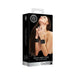Packaging of Ouch Velvet Wrist Cuffs featuring a model wearing black velvet and Velcro adjustable wrist restraints.