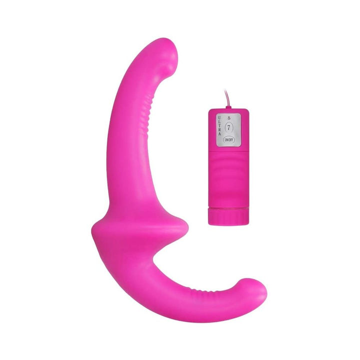 Pink silicone strapless strap-on with curved design and ribbed texture, featuring a wired remote control with seven vibration settings.