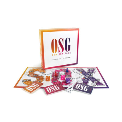 Our Sex Game OSG board game with colorful play cards, dice, and pieces for couples' intimate and playful experiences.