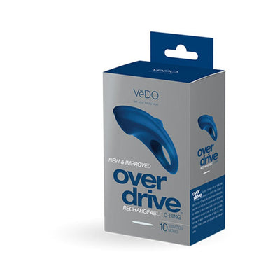 Packaging box of VEDOS Overdrive+ rechargeable vibrating ring in blue and gray with product image and key features.