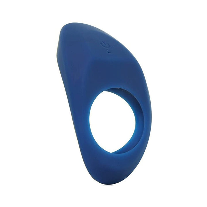 Blue silicone vibrating ring with ergonomic curved tip and single button control.