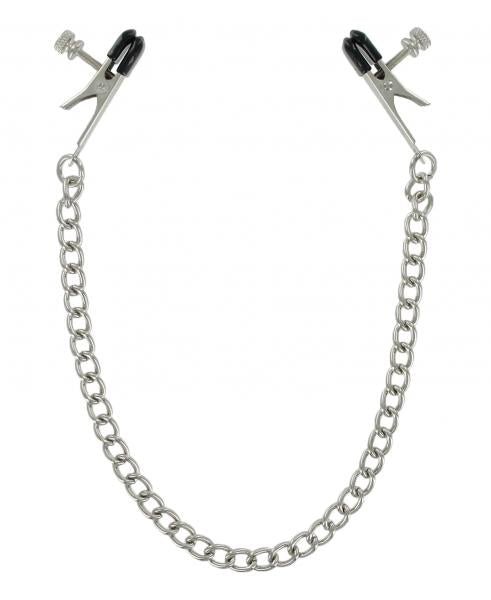 Silver alligator-style nipple clamps with black vinyl tips connected by a sturdy silver chain.