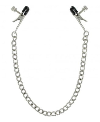 Silver alligator-style nipple clamps with black vinyl tips connected by a sturdy silver chain.