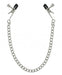 Silver alligator-style nipple clamps with black vinyl tips connected by a sturdy silver chain.