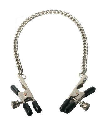 Silver alligator-style nipple clamps with black vinyl tips connected by a silver chain and adjustable tension screws.