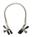 Silver alligator-style nipple clamps with black vinyl tips connected by a silver chain and adjustable tension screws.