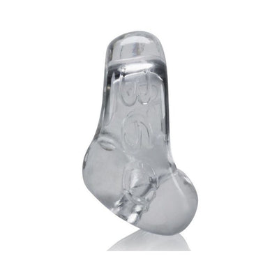Transparent flexible 2-in-1 cock ring and ballsling accessory with a contoured design for support and comfort.
