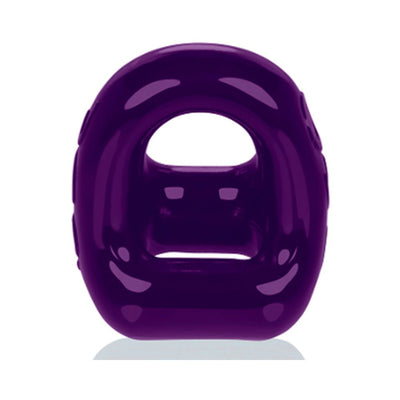 Glossy deep purple 2-in-1 cock ring and ballsling made from flexible, smooth material with a rounded square design.