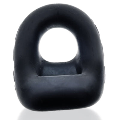 Black silicone dual-use cockring and ballsling with a soft, thick design and rounded edges.