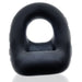 Black silicone dual-use cockring and ballsling with a soft, thick design and rounded edges.