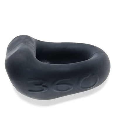 Black silicone dual-use 360 cockring and ballsling with a smooth, rounded design and embossed "360" branding.