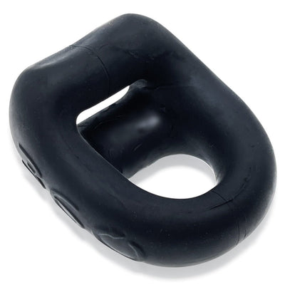 Black silicone dual-use cockring and ballsling with a soft, flexible square design and rounded edges.