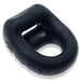 Black silicone dual-use cockring and ballsling with a soft, flexible square design and rounded edges.