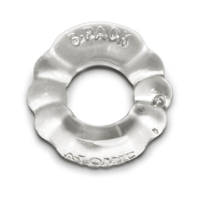 Clear flexible cockring with a textured, wavy design and embossed branding details.