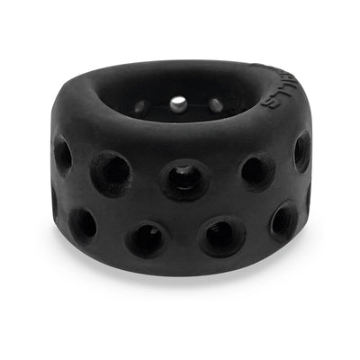 Black soft silicone ballstretcher ring with multiple ventilation holes and ergonomic design.