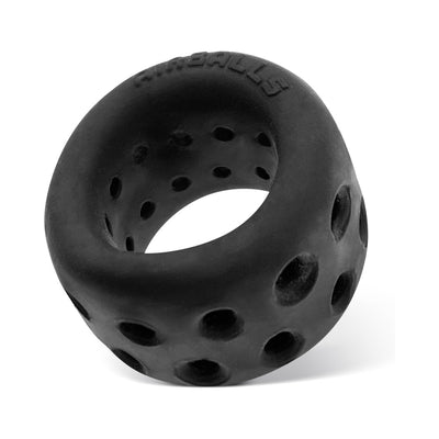 Black soft silicone ballstretcher ring with multiple ventilation holes and embossed Airballs logo.